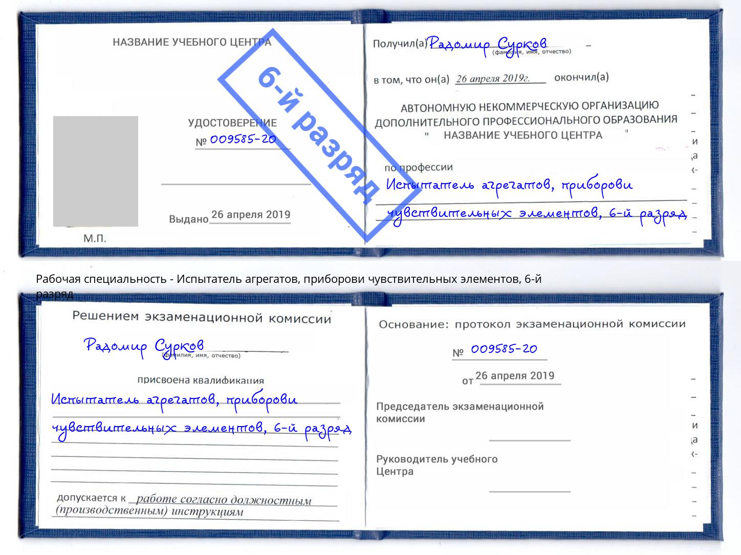 корочка 6-й разряд Испытатель агрегатов, приборови чувствительных элементов Владивосток