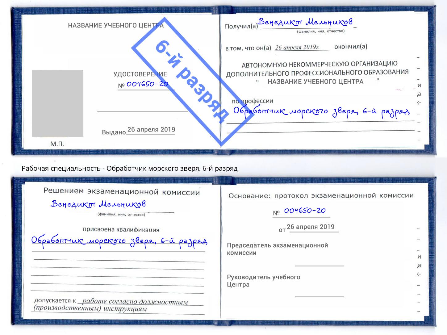 корочка 6-й разряд Обработчик морского зверя Владивосток