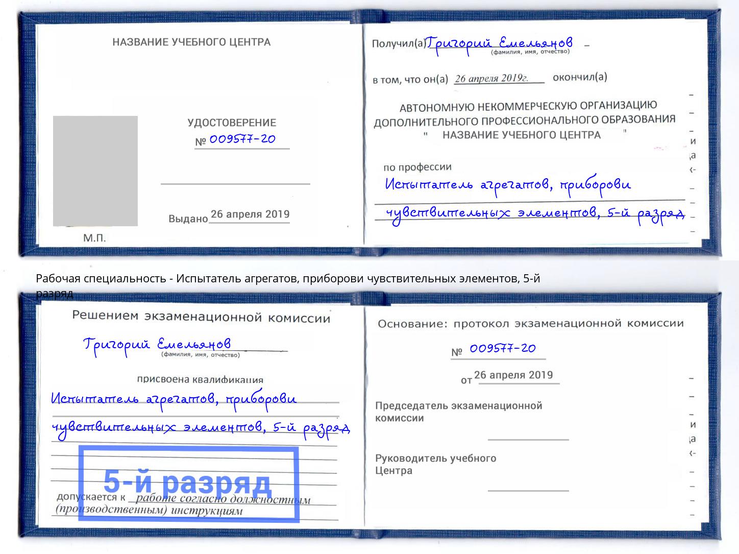корочка 5-й разряд Испытатель агрегатов, приборови чувствительных элементов Владивосток