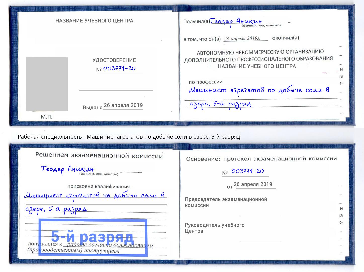 корочка 5-й разряд Машинист агрегатов по добыче соли в озере Владивосток