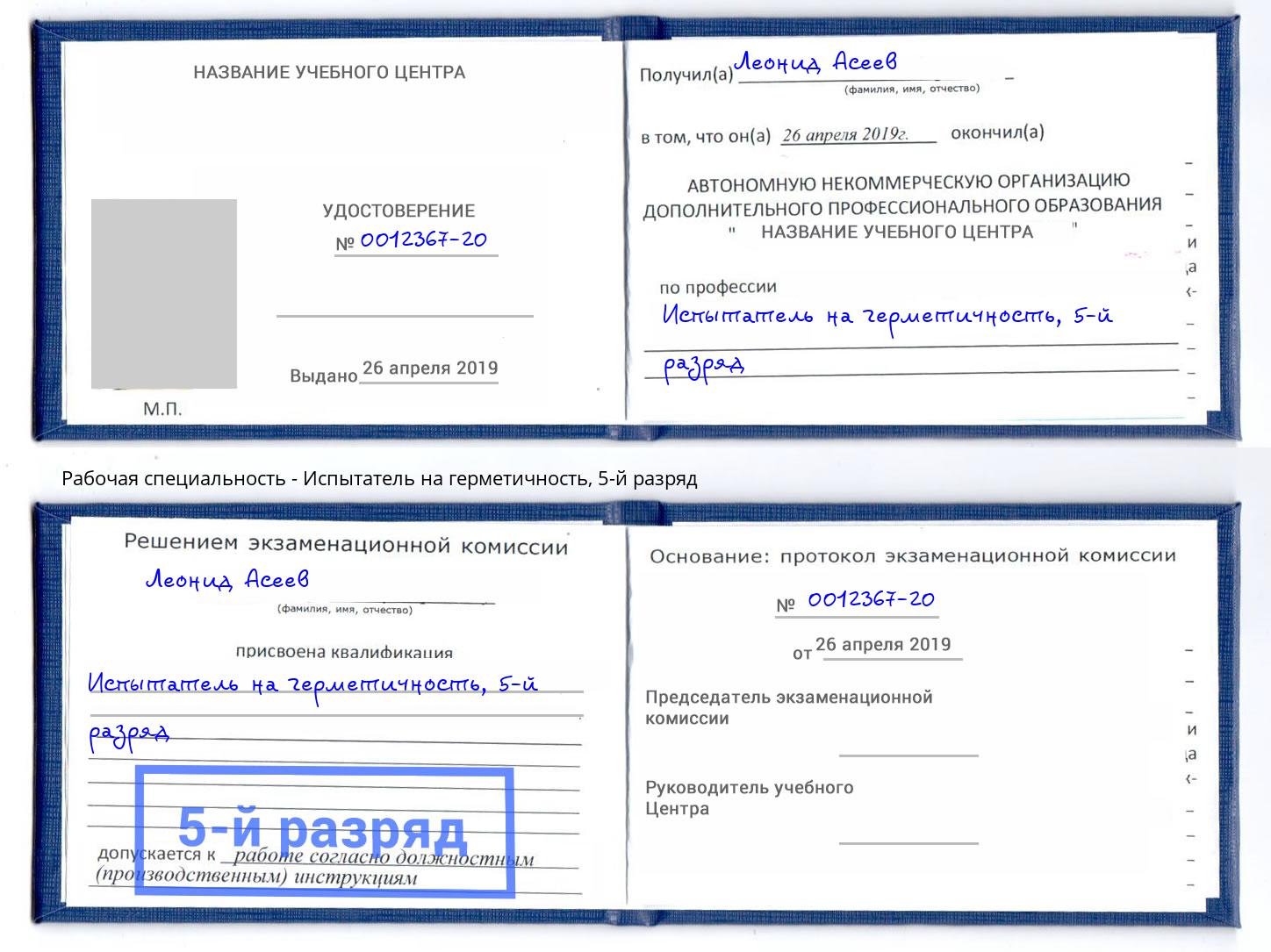 корочка 5-й разряд Испытатель на герметичность Владивосток