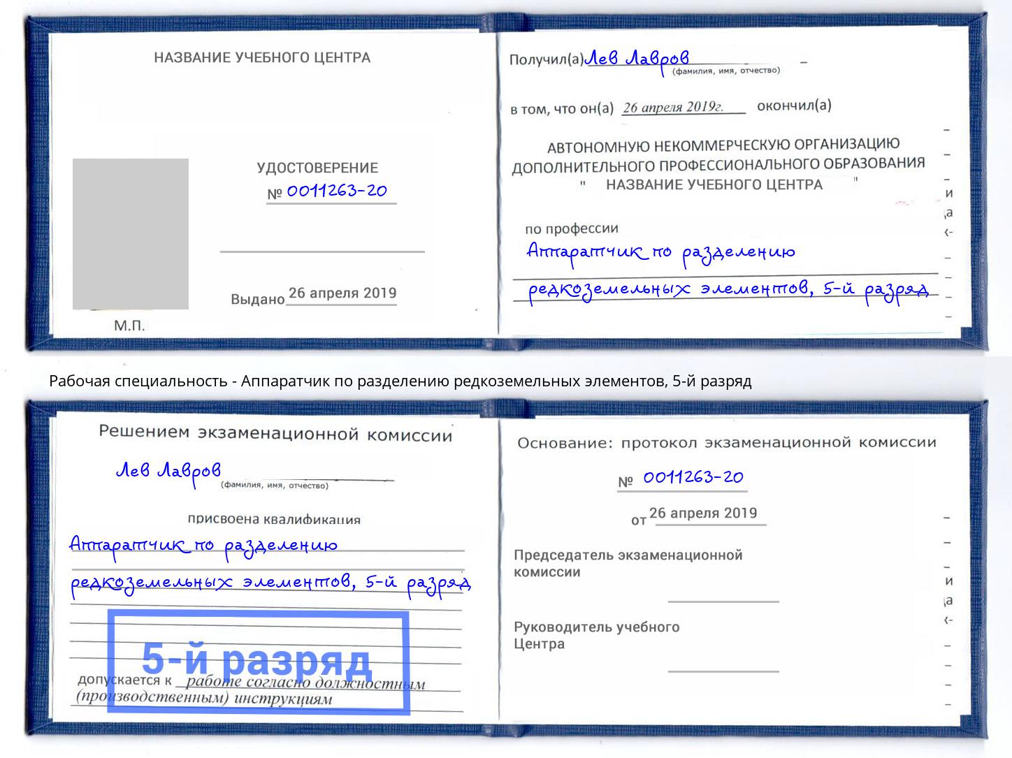 корочка 5-й разряд Аппаратчик по разделению редкоземельных элементов Владивосток