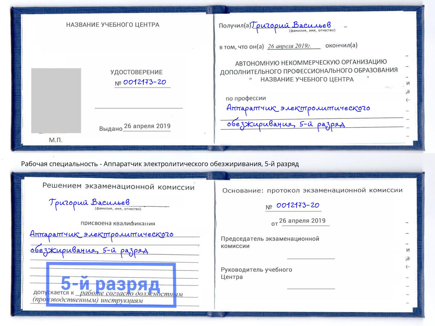 корочка 5-й разряд Аппаратчик электролитического обезжиривания Владивосток