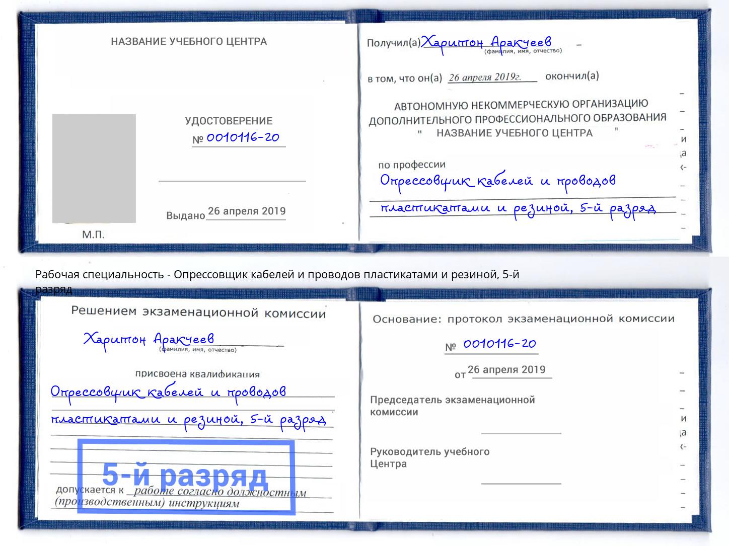 корочка 5-й разряд Опрессовщик кабелей и проводов пластикатами и резиной Владивосток